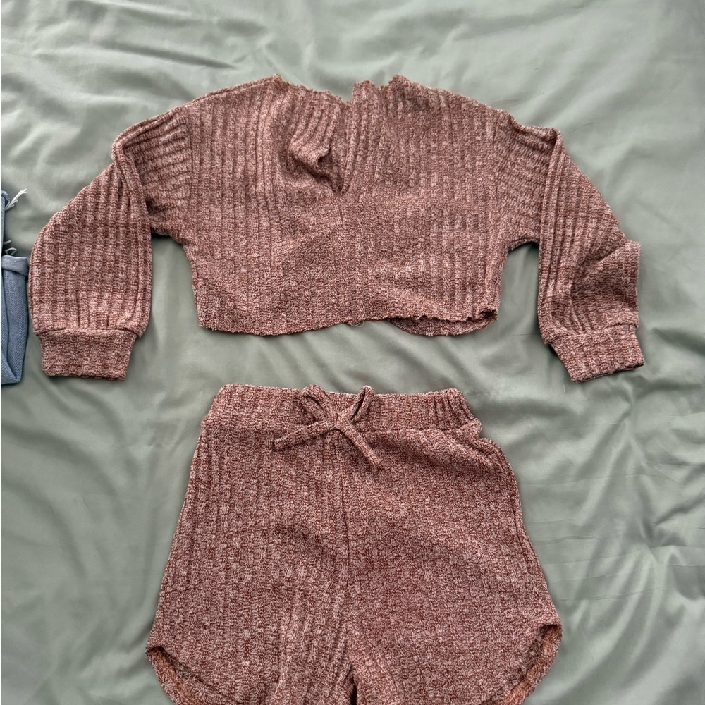 SHEIN Mauve Ribbed Knit Crop Top and Shorts Set